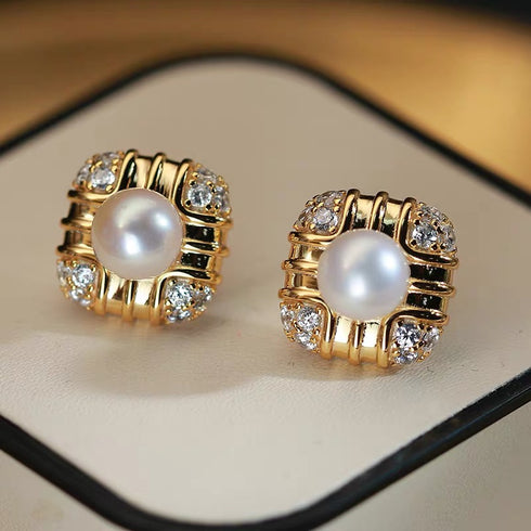 Akoya Pearl Square Stud Earrings – Modern Chic & Vintage-Inspired